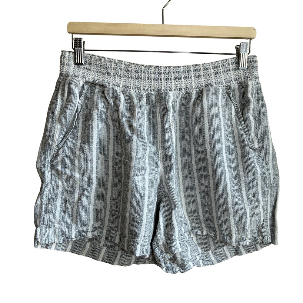 Briggs Striped Linen Blend Pull On Shorts L Grey White Womens Smocked Waist